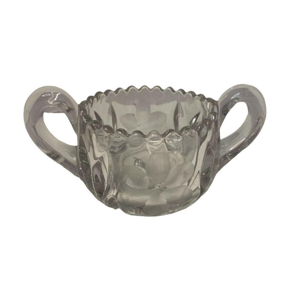 VTG EAPG Glass SUGAR BOWL Double Handle Sawtooth Star Base Floral Design
